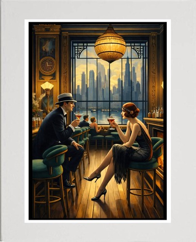 Art deco bar scene mounted - art, scene-